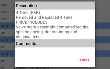 the description pop up window